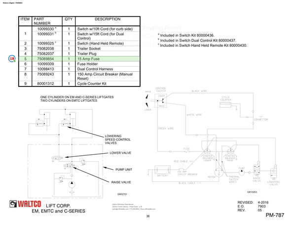 Waltco Liftgate | 75089854 — Electric Control Options – Power Down · p.36 (Waltco EM-Series Parts Manual)