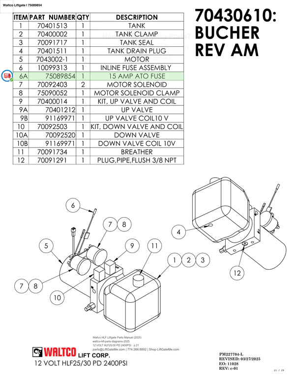 Waltco Liftgate | 75089854 — 12 VOLT HLF25/30 PD 2400PSI · p.21 (Waltco HLF Parts Manual)