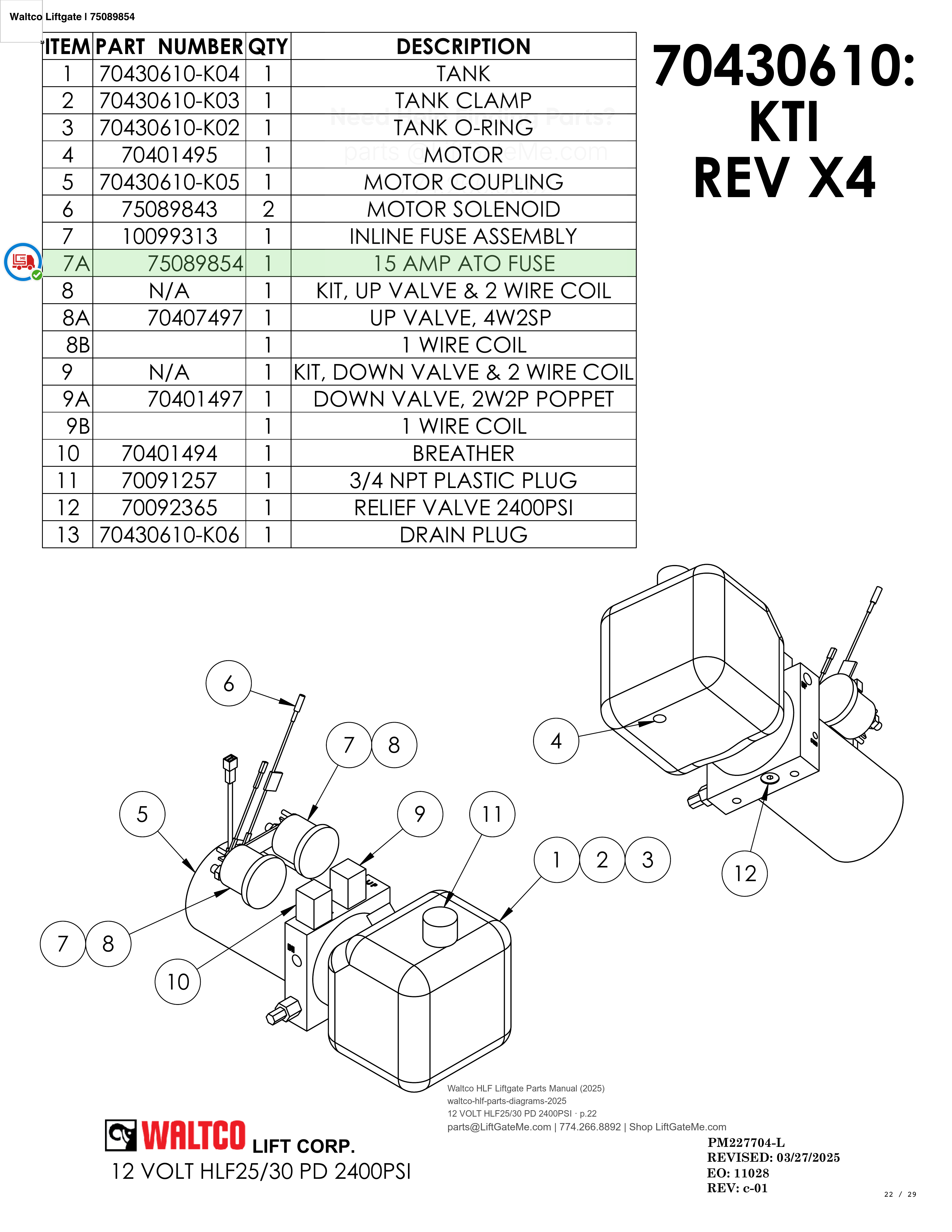 Waltco Liftgate | 75089854 — 12 VOLT HLF25/30 PD 2400PSI · p.22 (Waltco HLF Parts Manual)