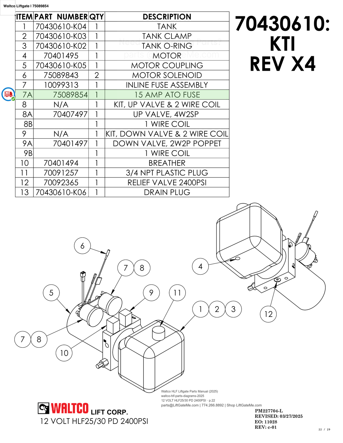 Waltco Liftgate | 75089854 — 12 VOLT HLF25/30 PD 2400PSI · p.22 (Waltco HLF Parts Manual)