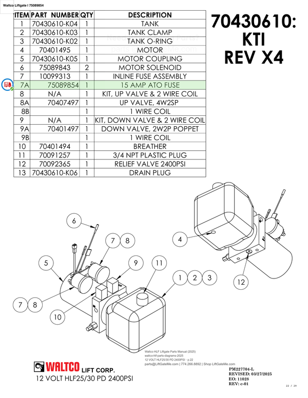 Waltco Liftgate | 75089854 — 12 VOLT HLF25/30 PD 2400PSI · p.22 (Waltco HLF Parts Manual)