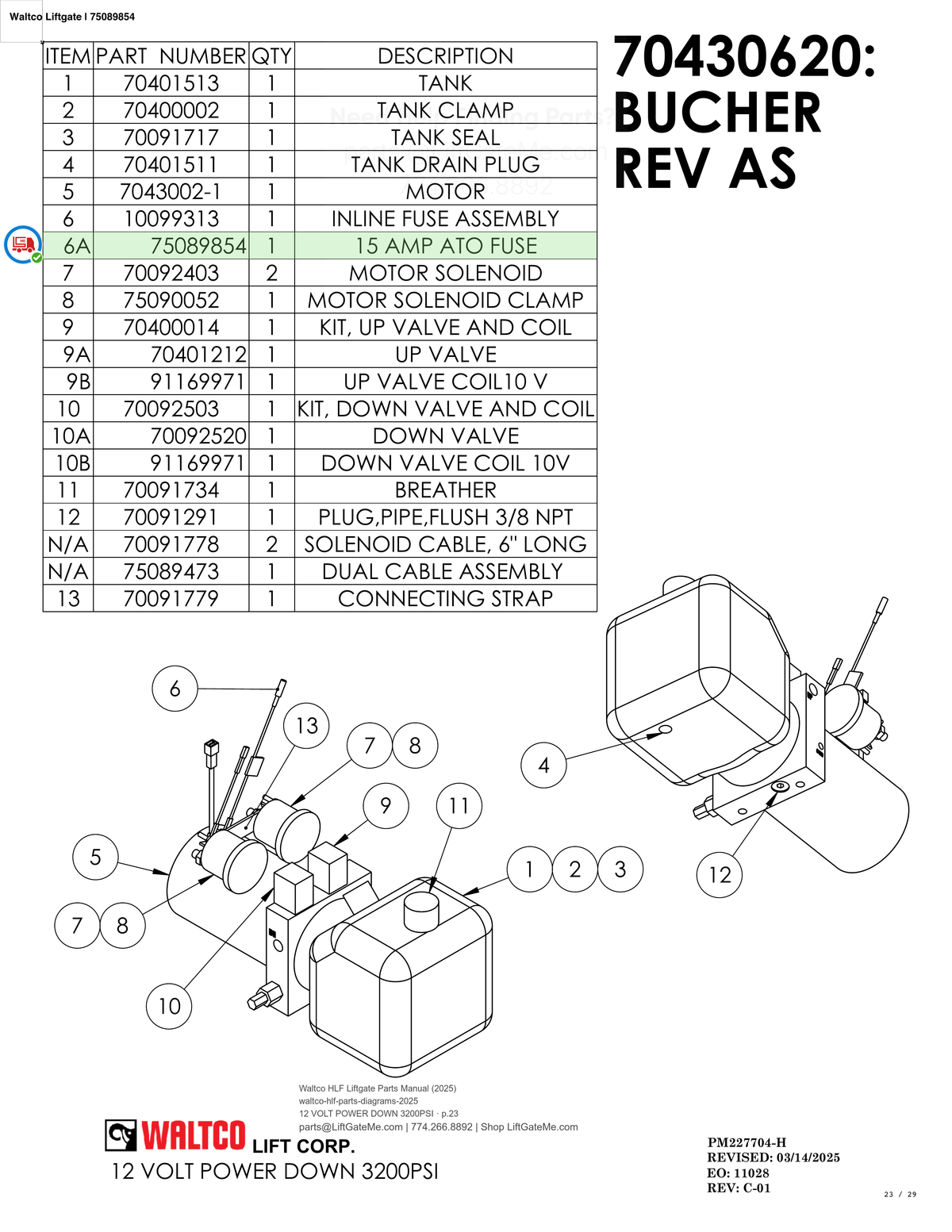 Waltco Liftgate | 75089854 — 12 VOLT POWER DOWN 3200PSI · p.23 (Waltco HLF Parts Manual)