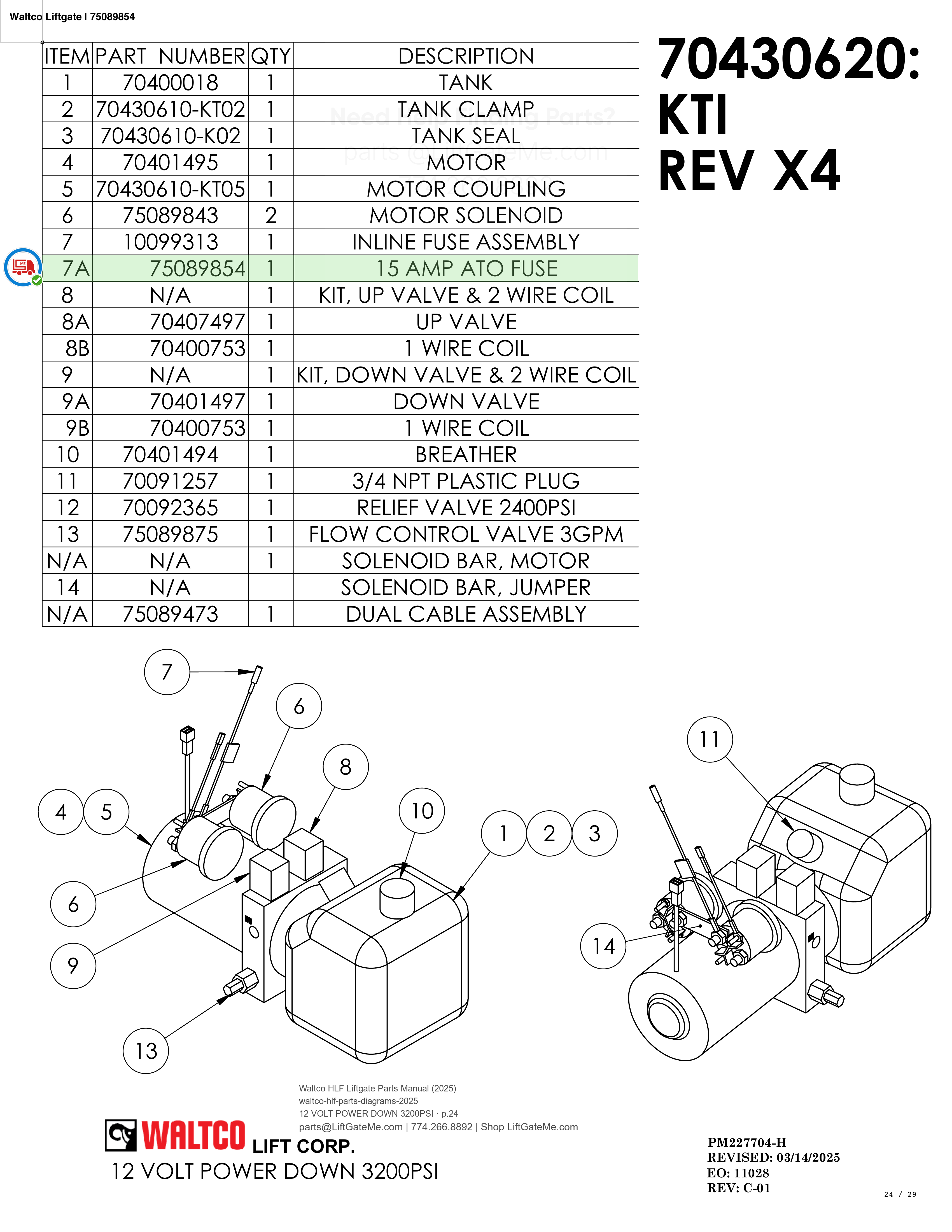 Waltco Liftgate | 75089854 — 12 VOLT POWER DOWN 3200PSI · p.24 (Waltco HLF Parts Manual)