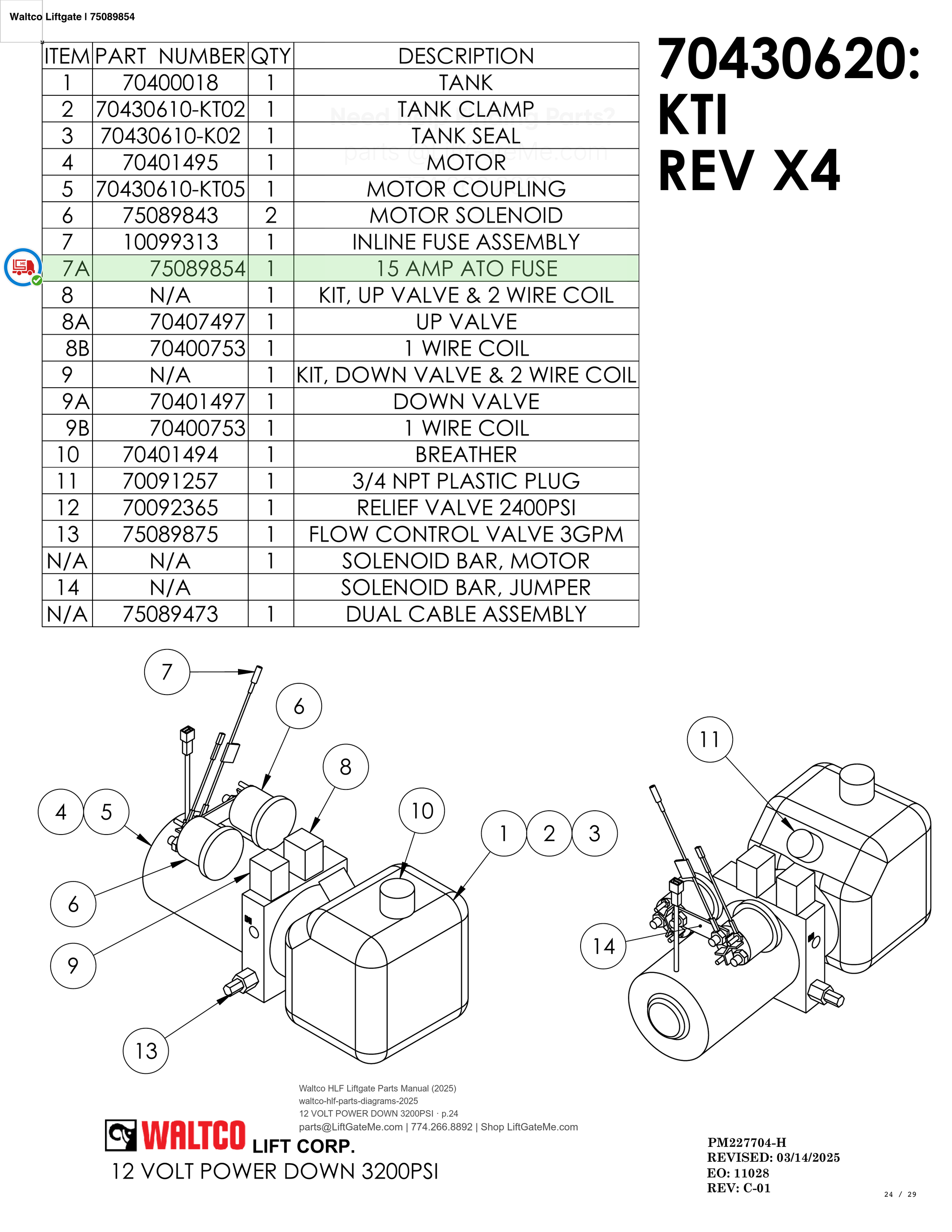 Waltco Liftgate | 75089854 — 12 VOLT POWER DOWN 3200PSI · p.24 (Waltco HLF Parts Manual)