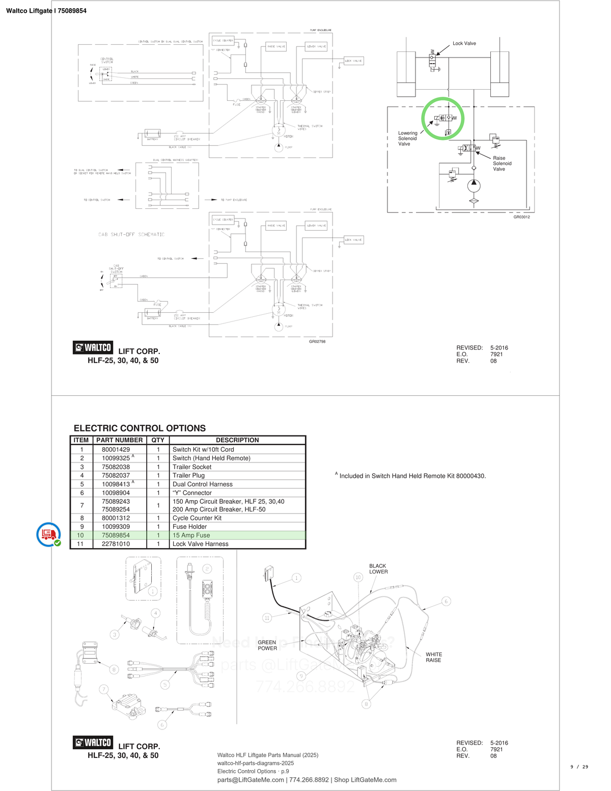 Waltco Liftgate | 75089854 — Electric Control Options · p.9 (Waltco HLF Parts Manual)