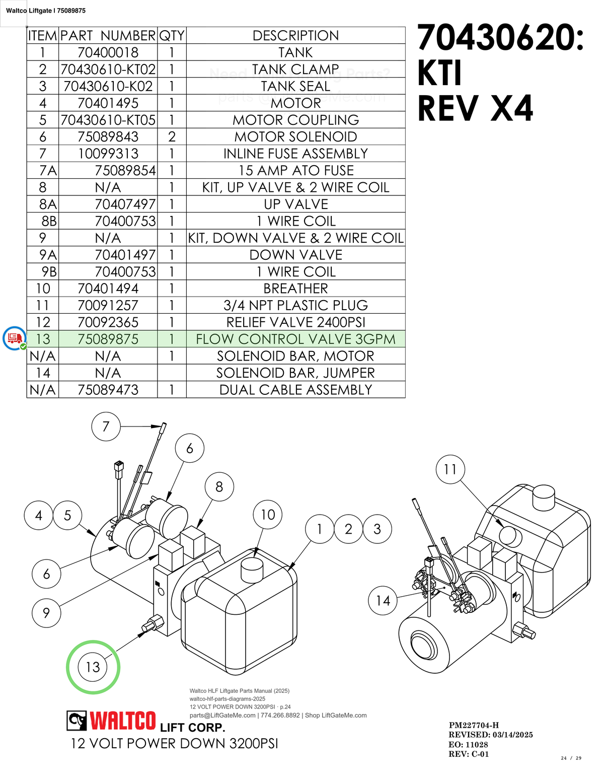 Waltco Liftgate | 75089875 — 12 VOLT POWER DOWN 3200PSI · p.24 (Waltco HLF Parts Manual)