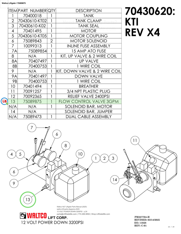 Waltco Liftgate | 75089875 — 12 VOLT POWER DOWN 3200PSI · p.24 (Waltco HLF Parts Manual)
