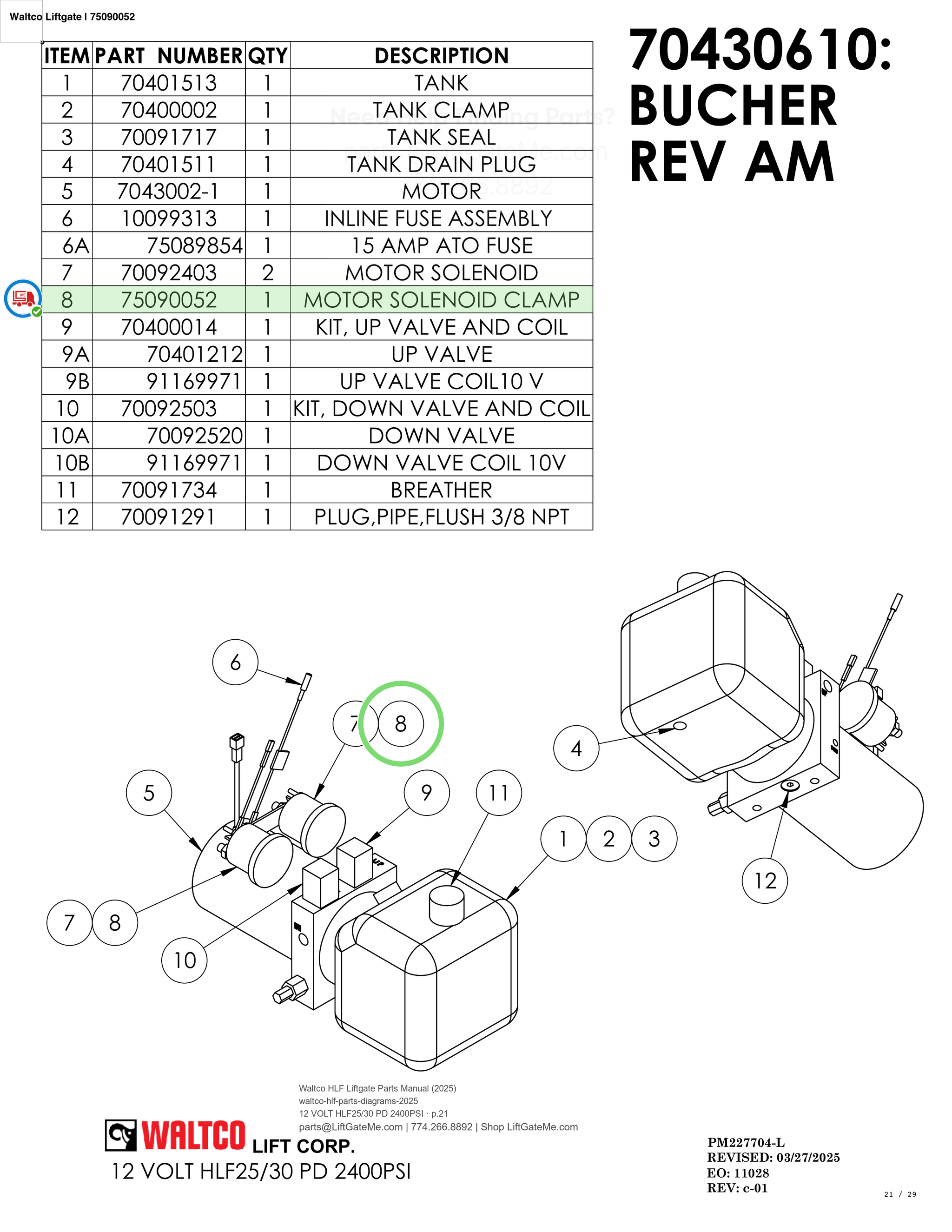 Waltco Liftgate | 75090052 — 12 VOLT HLF25/30 PD 2400PSI · p.21 (Waltco HLF Parts Manual)
