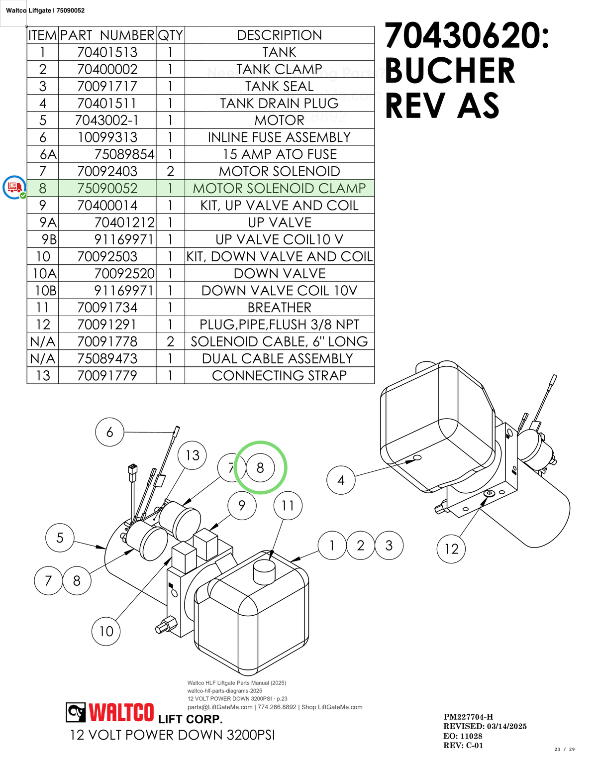 Waltco Liftgate | 75090052 — 12 VOLT POWER DOWN 3200PSI · p.23 (Waltco HLF Parts Manual)