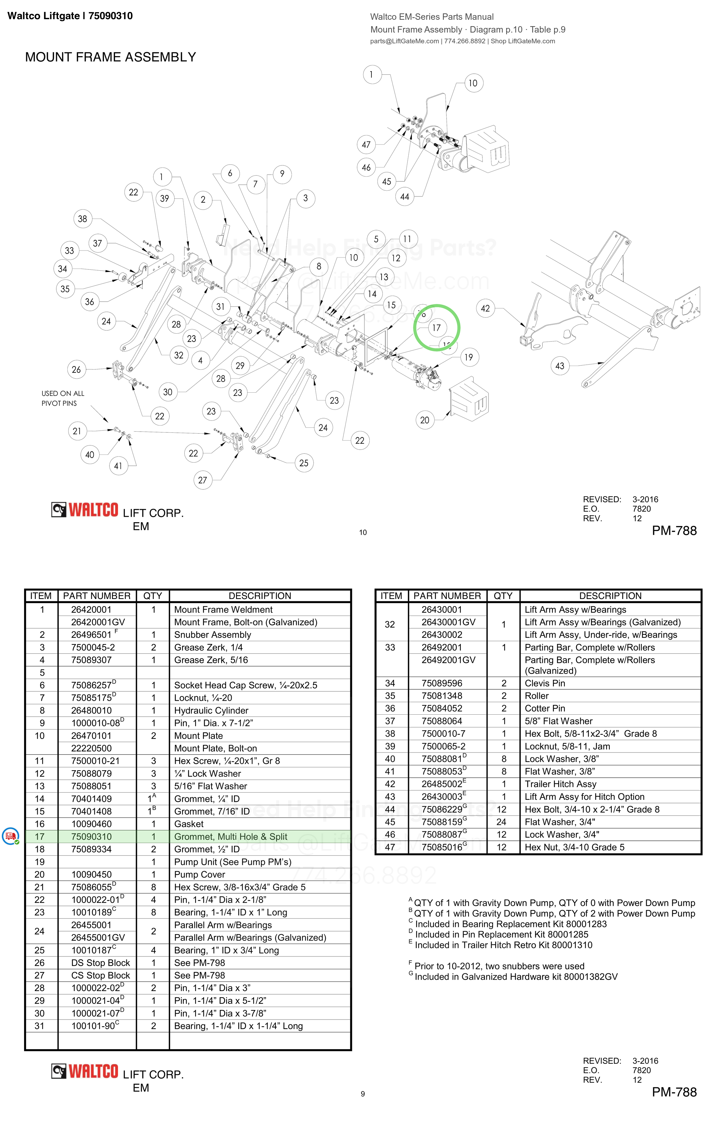Waltco Liftgate | 75090310 — Mount Frame Assembly · Diagram p.10 · Table p.9 (Waltco EM-Series Parts Manual)