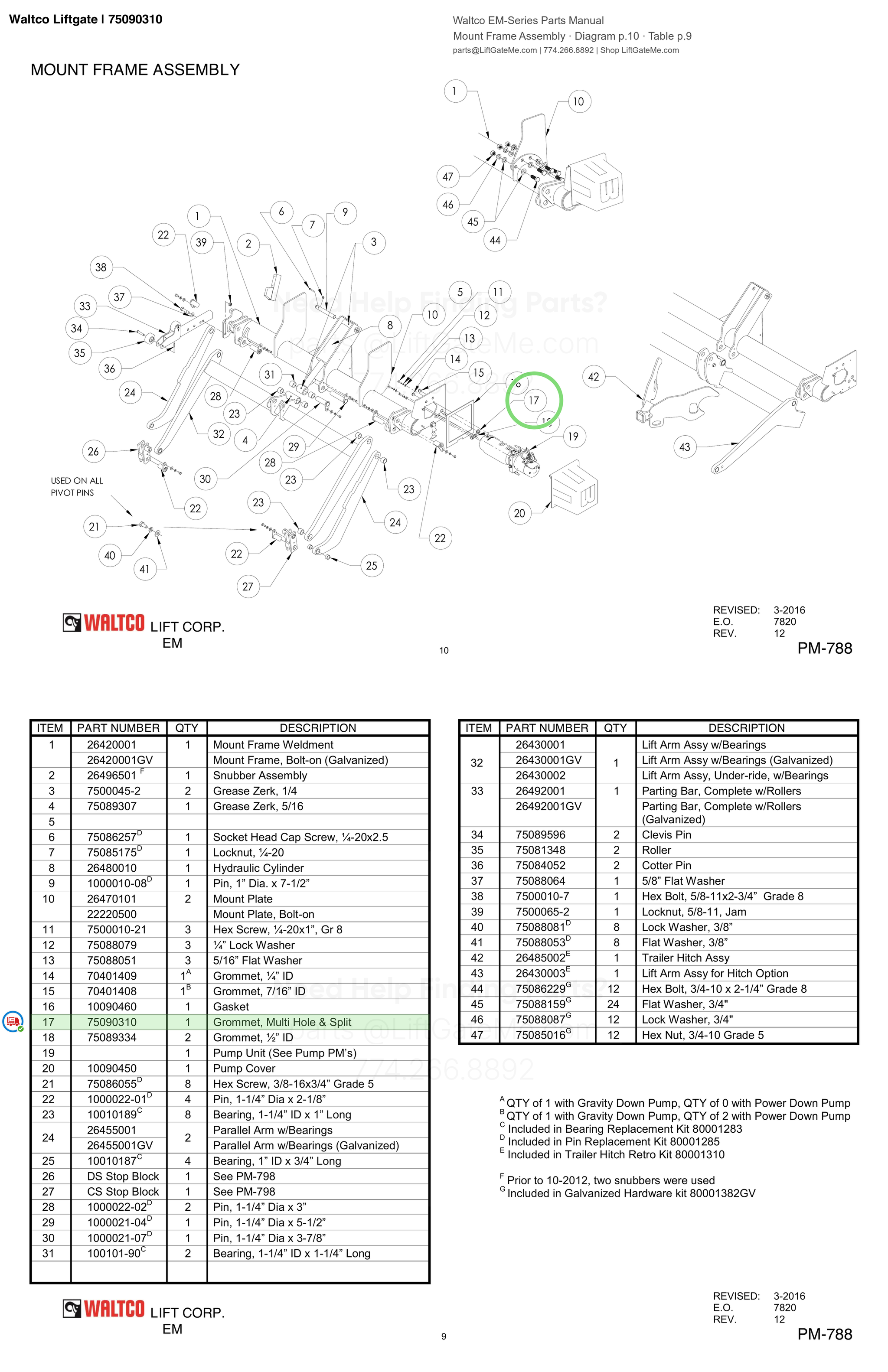 Waltco Liftgate | 75090310 — Mount Frame Assembly · Diagram p.10 · Table p.9 (Waltco EM-Series Parts Manual)