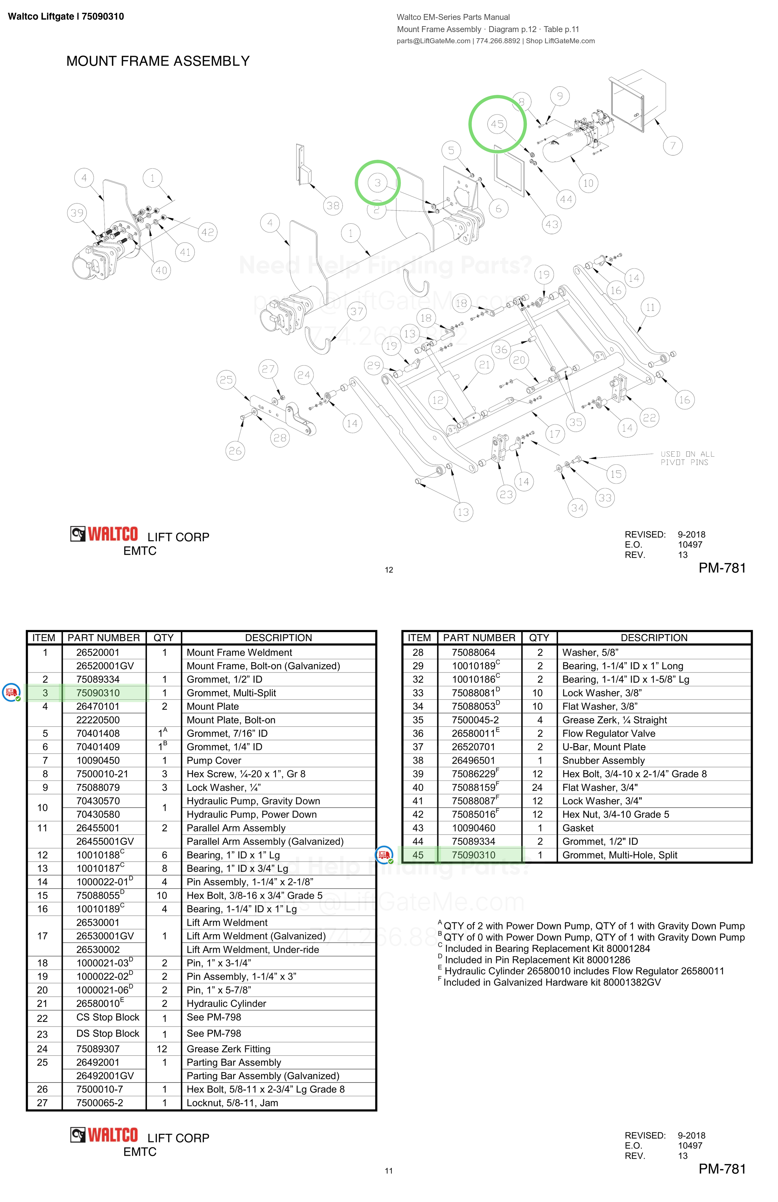Waltco Liftgate | 75090310 — Mount Frame Assembly · Diagram p.12 · Table p.11 (Waltco EM-Series Parts Manual)