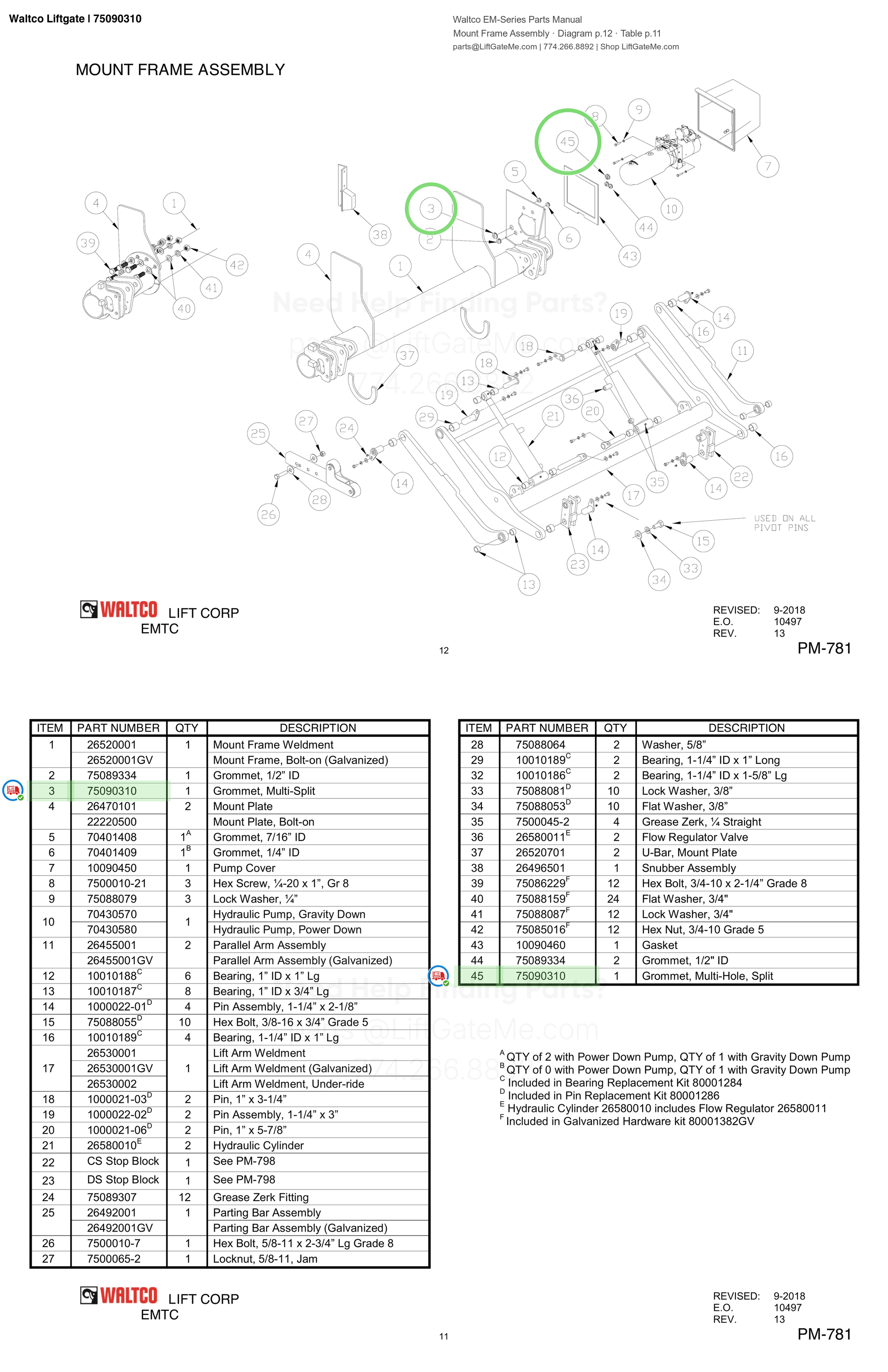 Waltco Liftgate | 75090310 — Mount Frame Assembly · Diagram p.12 · Table p.11 (Waltco EM-Series Parts Manual)
