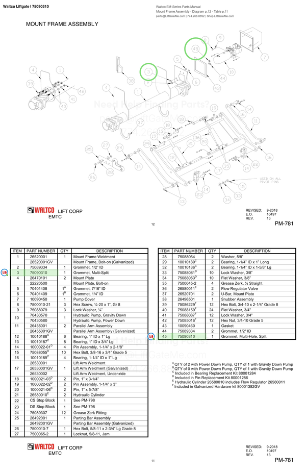 Waltco Liftgate | 75090310 — Mount Frame Assembly · Diagram p.12 · Table p.11 (Waltco EM-Series Parts Manual)