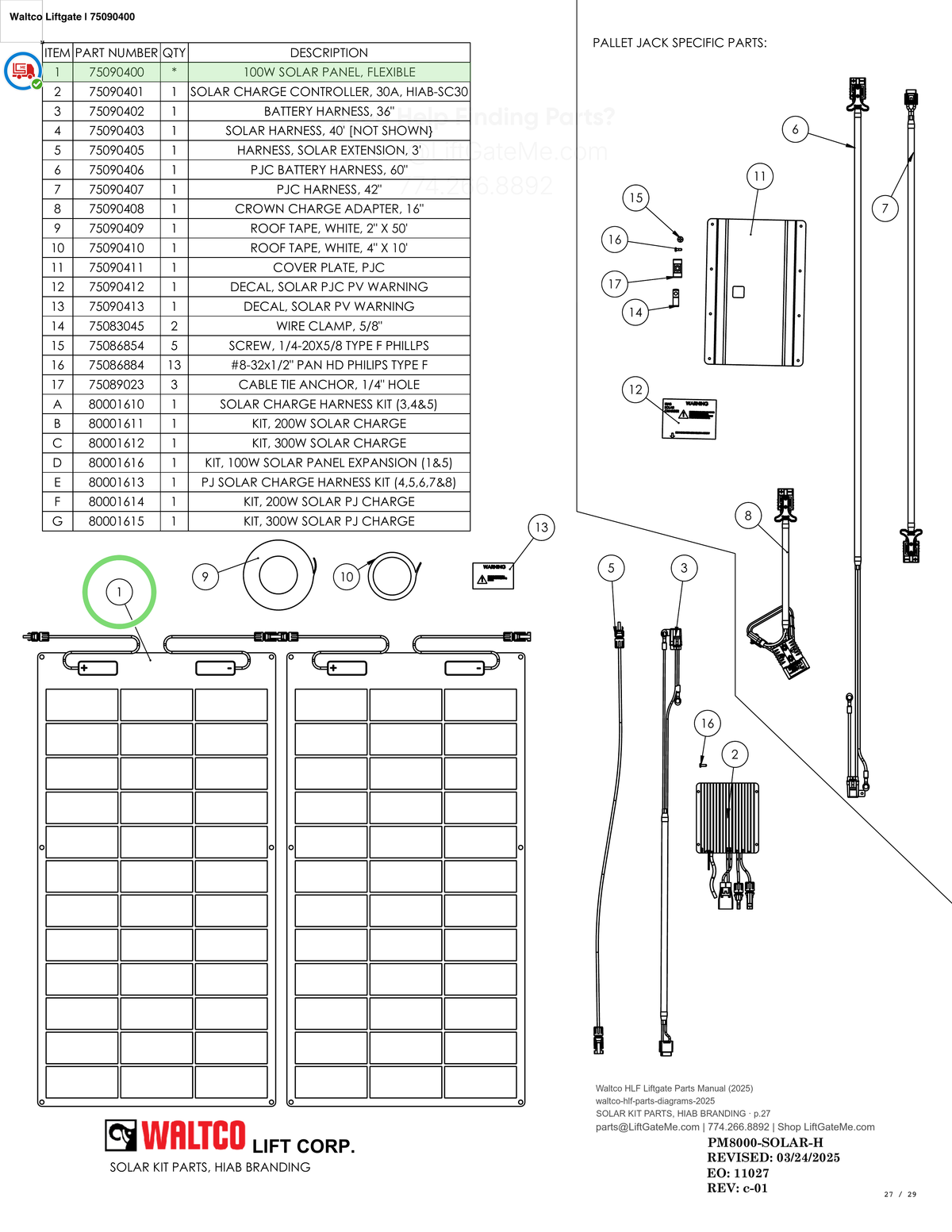 Waltco Liftgate | 75090400 — SOLAR KIT PARTS, HIAB BRANDING · p.27 (Waltco HLF Parts Manual)