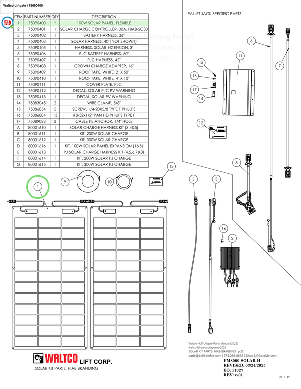 Waltco Liftgate | 75090400 — SOLAR KIT PARTS, HIAB BRANDING · p.27 (Waltco HLF Parts Manual)