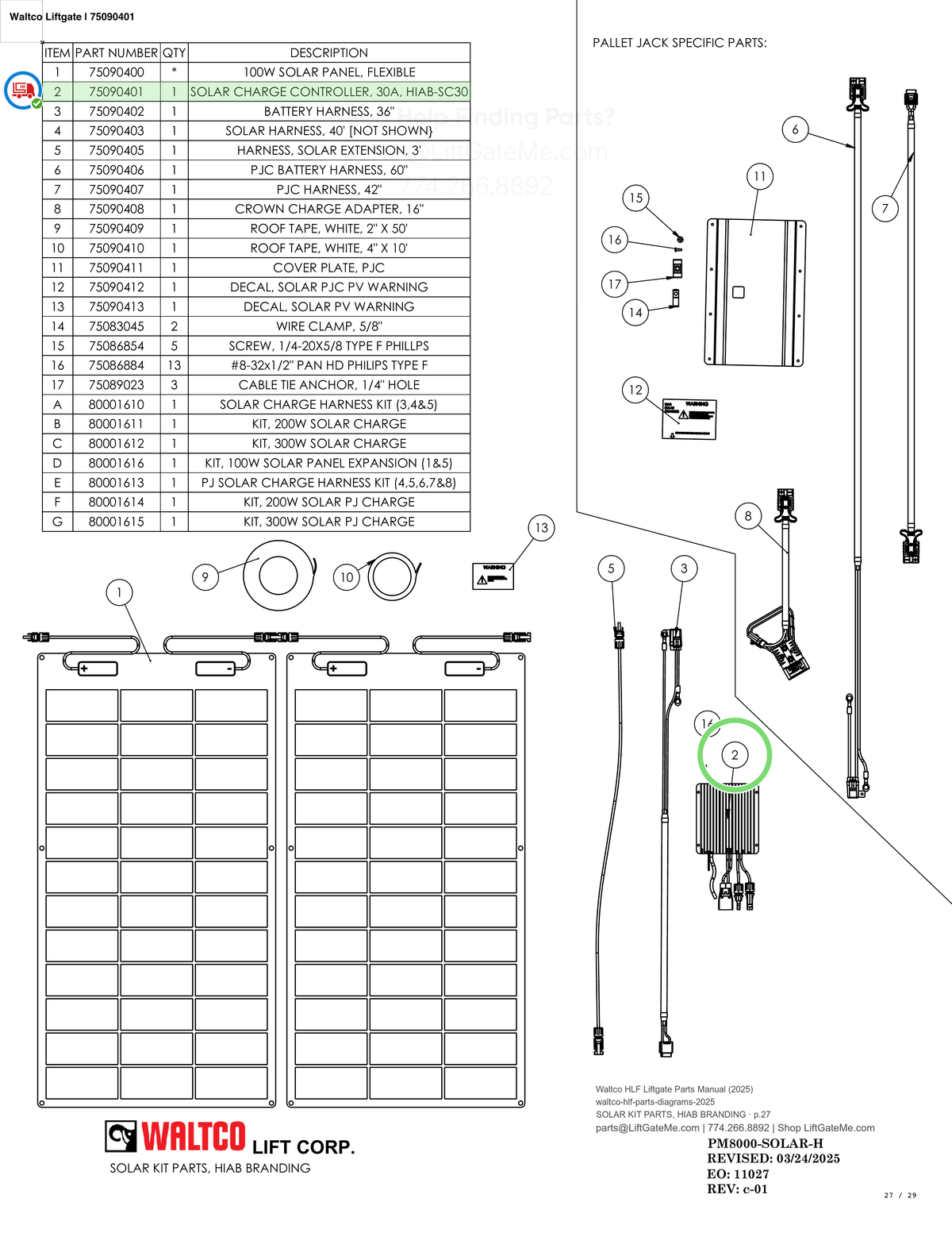 Waltco Liftgate | 75090401 — SOLAR KIT PARTS, HIAB BRANDING · p.27 (Waltco HLF Parts Manual)
