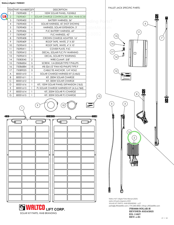 Waltco Liftgate | 75090401 — SOLAR KIT PARTS, HIAB BRANDING · p.27 (Waltco HLF Parts Manual)