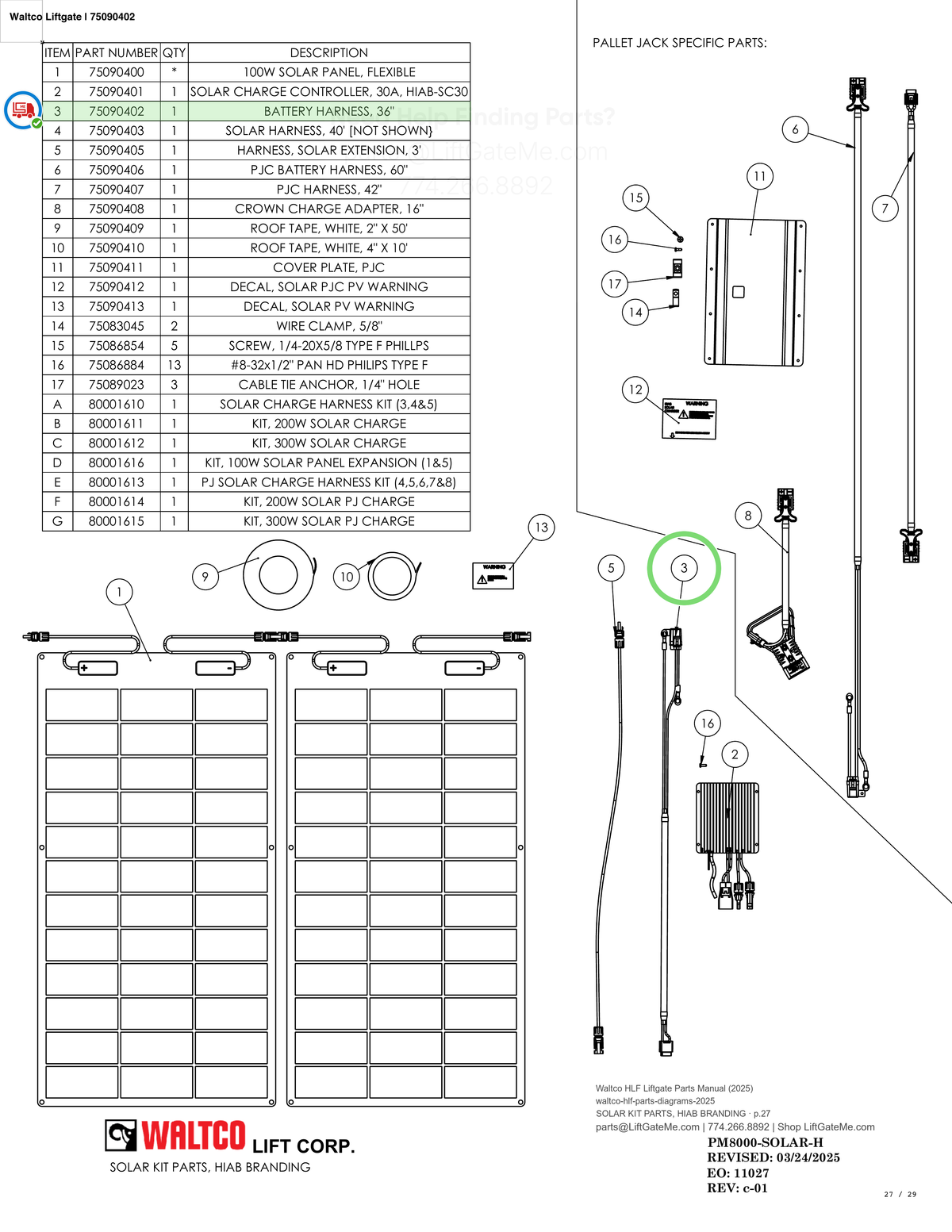 Waltco Liftgate | 75090402 — SOLAR KIT PARTS, HIAB BRANDING · p.27 (Waltco HLF Parts Manual)