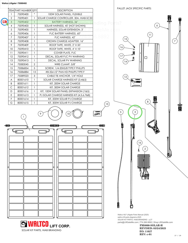 Waltco Liftgate | 75090402 — SOLAR KIT PARTS, HIAB BRANDING · p.27 (Waltco HLF Parts Manual)