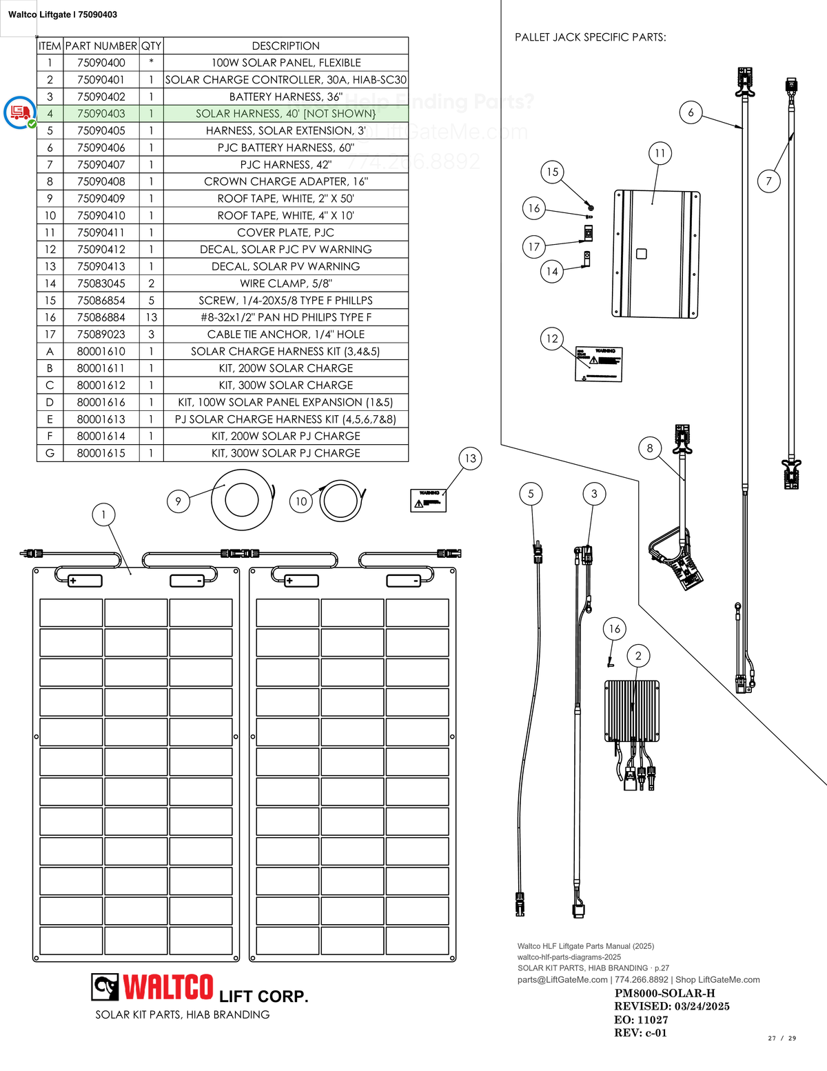 Waltco Liftgate | 75090403 — SOLAR KIT PARTS, HIAB BRANDING · p.27 (Waltco HLF Parts Manual)