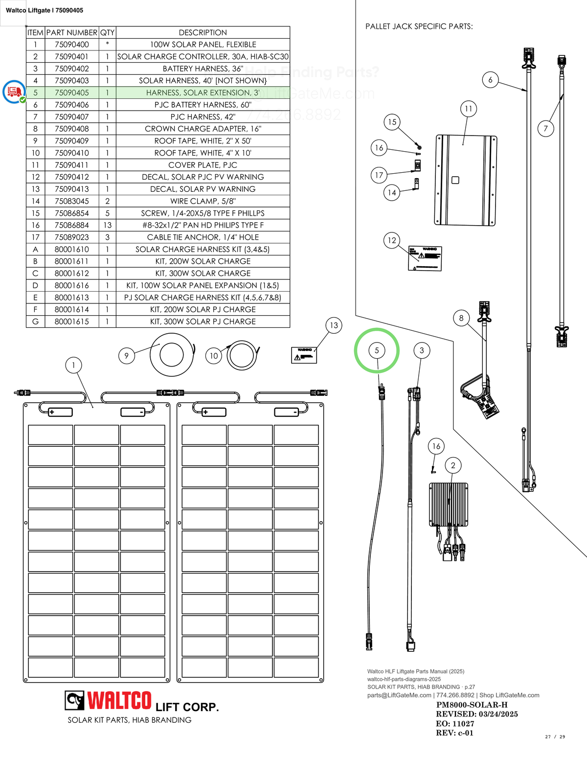 Waltco Liftgate | 75090405 — SOLAR KIT PARTS, HIAB BRANDING · p.27 (Waltco HLF Parts Manual)