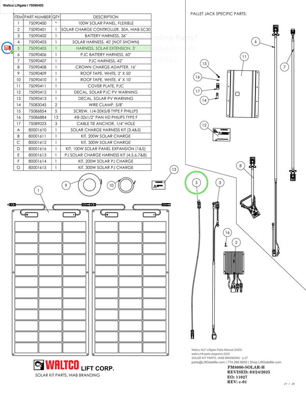 Waltco Liftgate | 75090405 — SOLAR KIT PARTS, HIAB BRANDING · p.27 (Waltco HLF Parts Manual)
