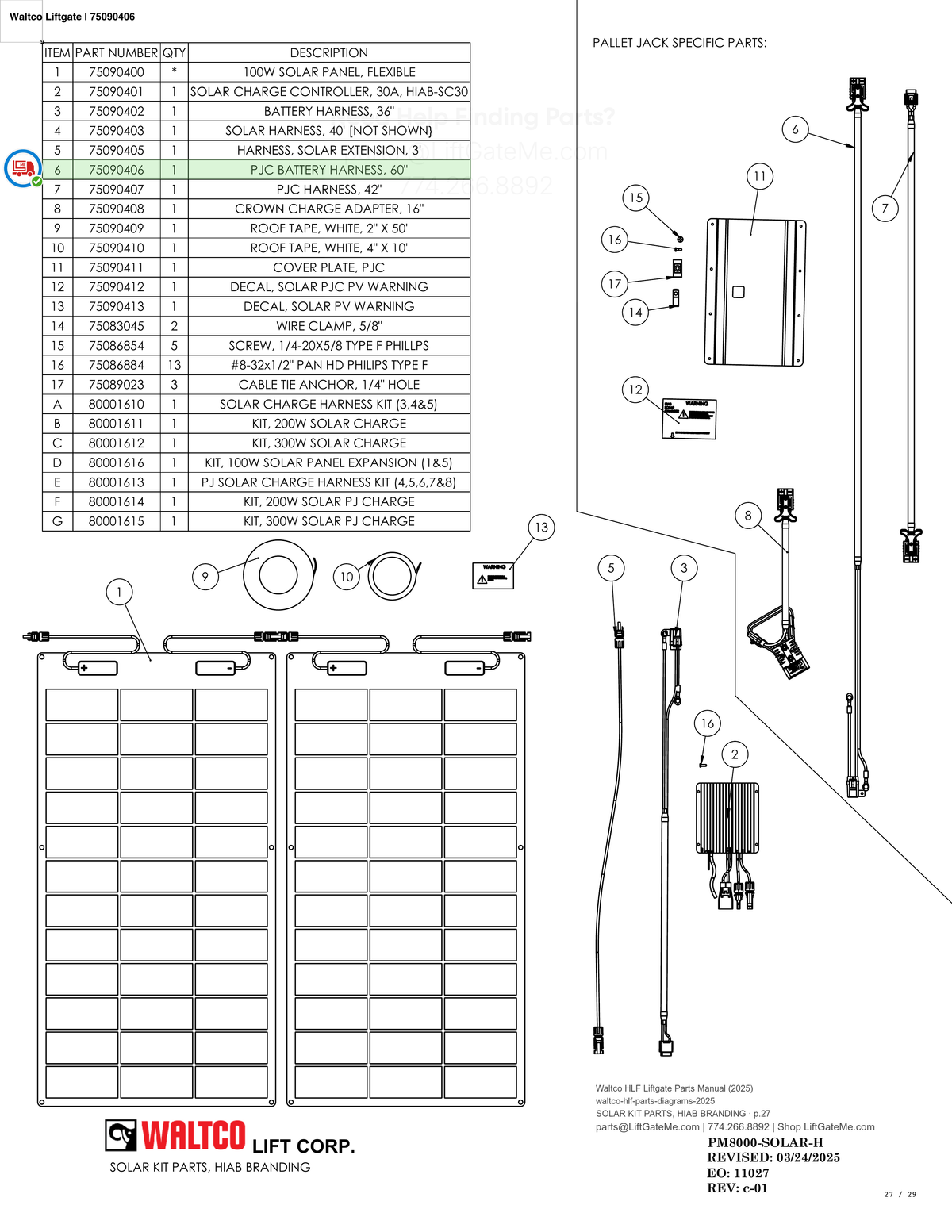 Waltco Liftgate | 75090406 — SOLAR KIT PARTS, HIAB BRANDING · p.27 (Waltco HLF Parts Manual)