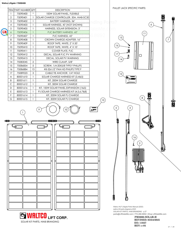 Waltco Liftgate | 75090406 — SOLAR KIT PARTS, HIAB BRANDING · p.27 (Waltco HLF Parts Manual)