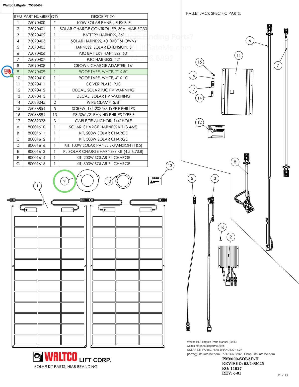 Waltco Liftgate | 75090409 — SOLAR KIT PARTS, HIAB BRANDING · p.27 (Waltco HLF Parts Manual)