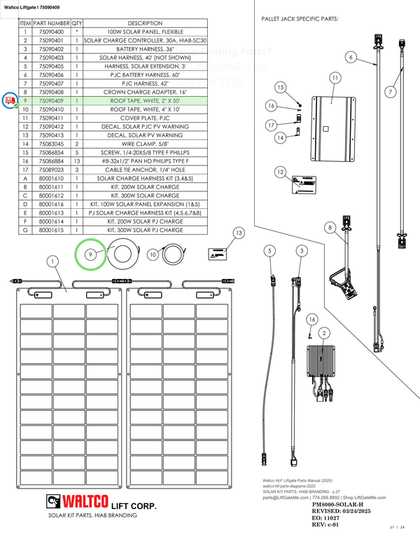 Waltco Liftgate | 75090409 — SOLAR KIT PARTS, HIAB BRANDING · p.27 (Waltco HLF Parts Manual)