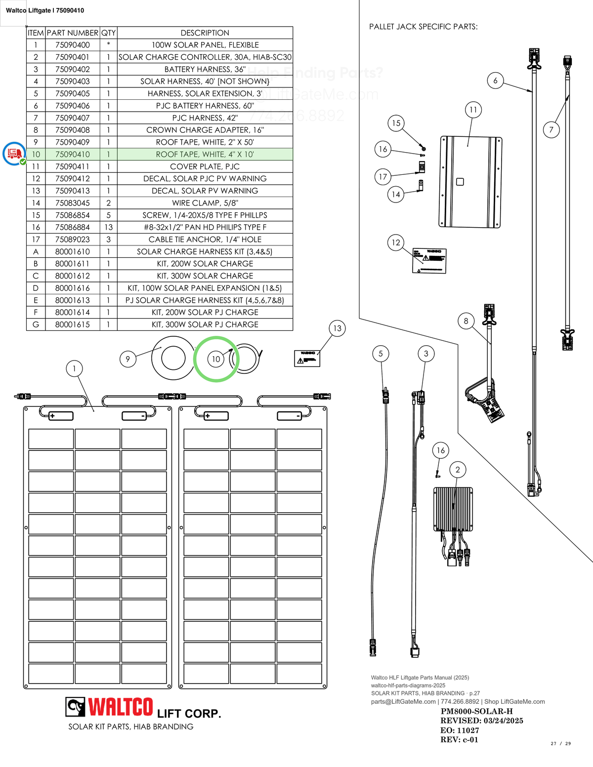 Waltco Liftgate | 75090410 — SOLAR KIT PARTS, HIAB BRANDING · p.27 (Waltco HLF Parts Manual)
