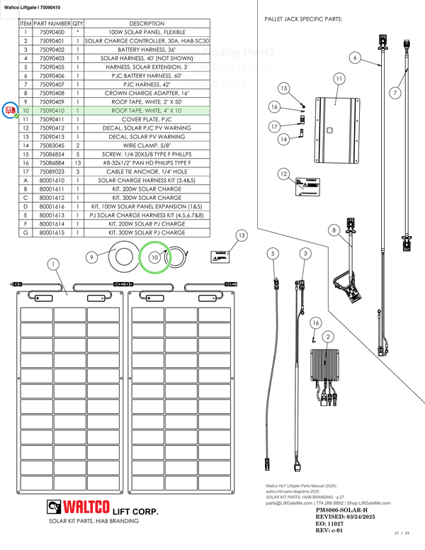 Waltco Liftgate | 75090410 — SOLAR KIT PARTS, HIAB BRANDING · p.27 (Waltco HLF Parts Manual)