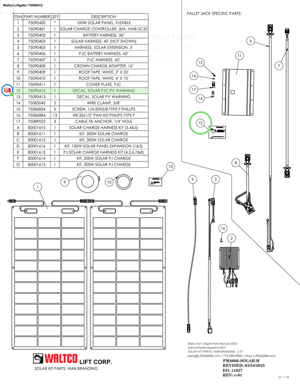 Waltco Liftgate | 75090412 — SOLAR KIT PARTS, HIAB BRANDING · p.27 (Waltco HLF Parts Manual)