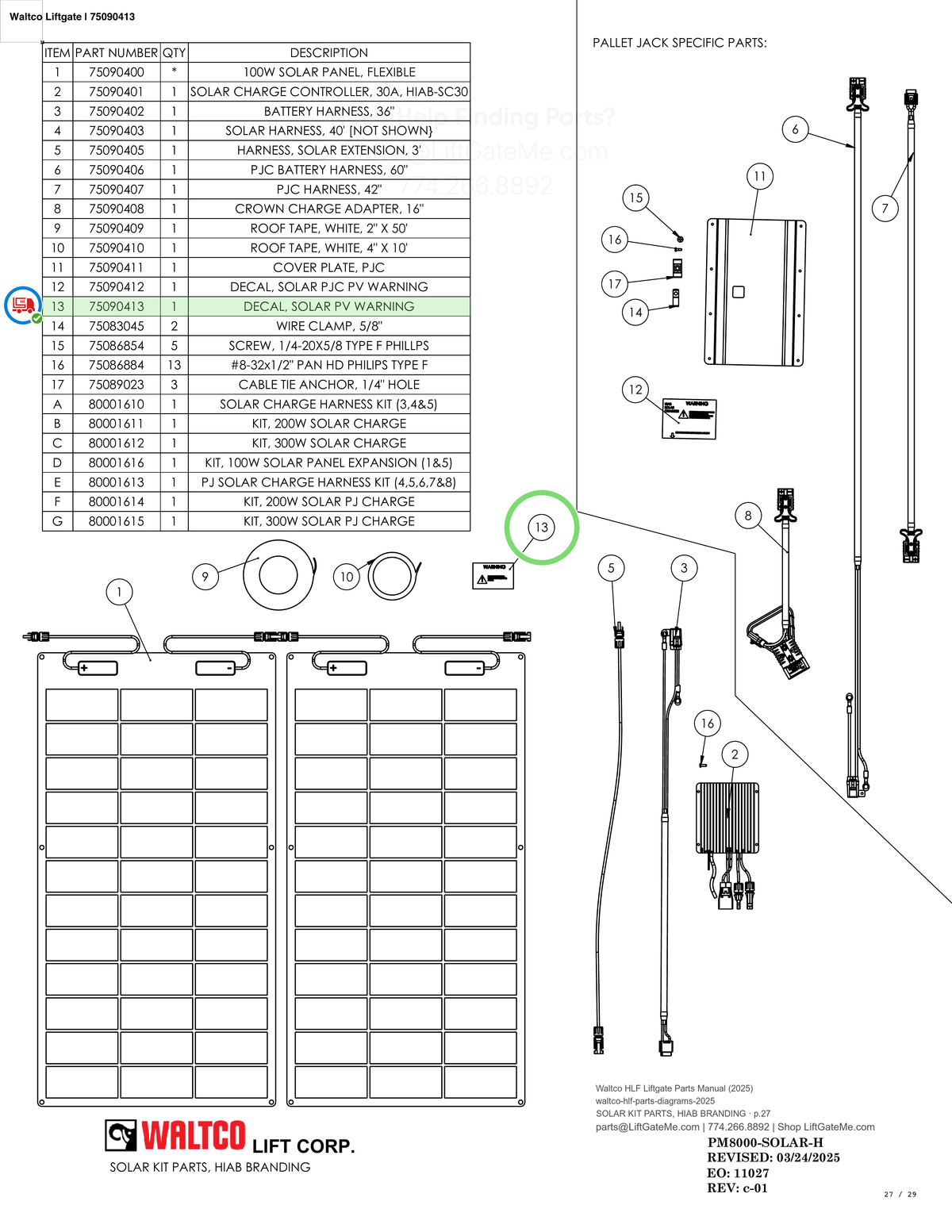 Waltco Liftgate | 75090413 — SOLAR KIT PARTS, HIAB BRANDING · p.27 (Waltco HLF Parts Manual)