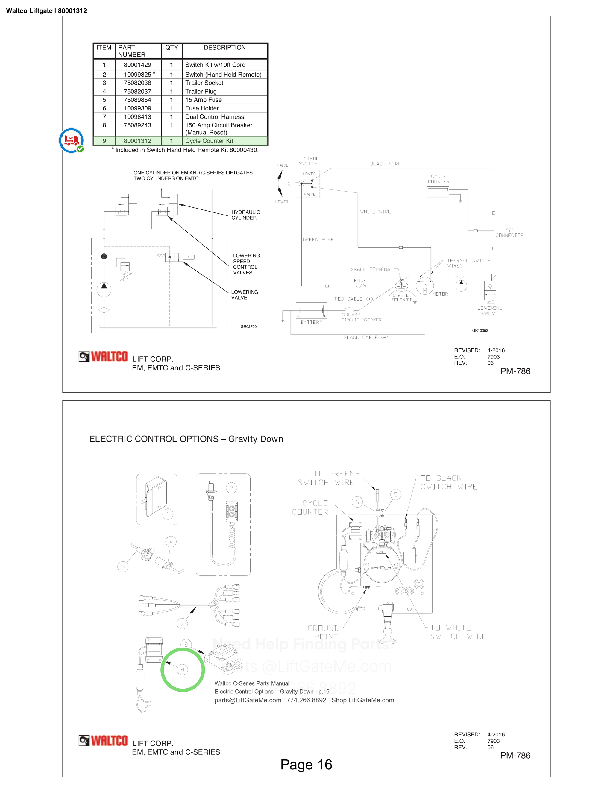 Waltco Liftgate | 80001312 — Electric Control Options – Gravity Down · p.16 (Waltco C-Series Parts Manual)