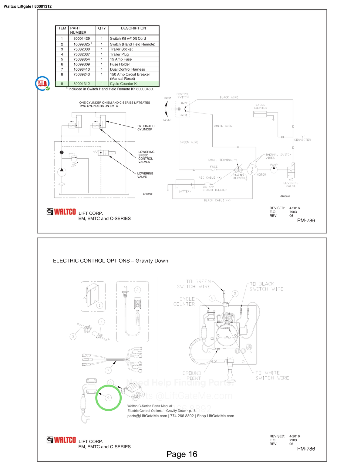 Waltco Liftgate | 80001312 — Electric Control Options – Gravity Down · p.16 (Waltco C-Series Parts Manual)