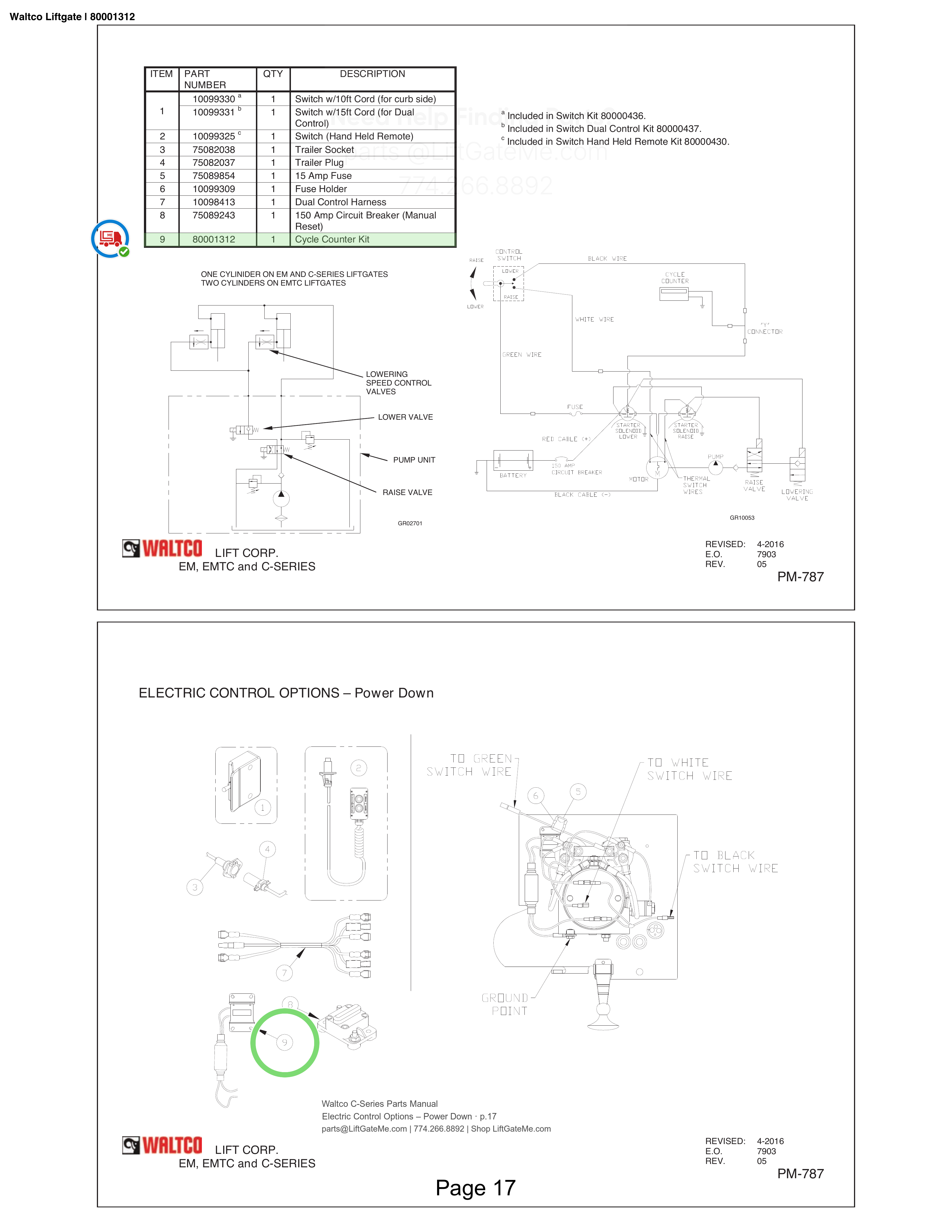 Waltco Liftgate | 80001312 — Electric Control Options – Power Down · p.17 (Waltco C-Series Parts Manual)