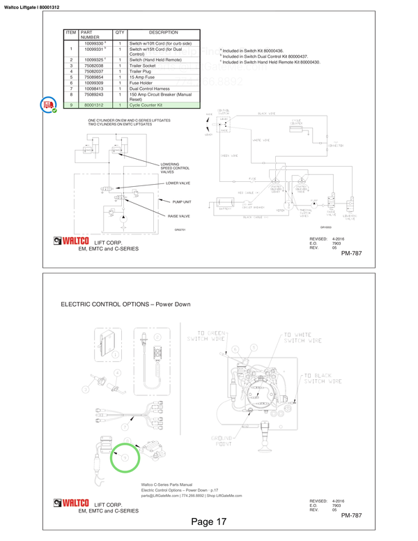 Waltco Liftgate | 80001312 — Electric Control Options – Power Down · p.17 (Waltco C-Series Parts Manual)