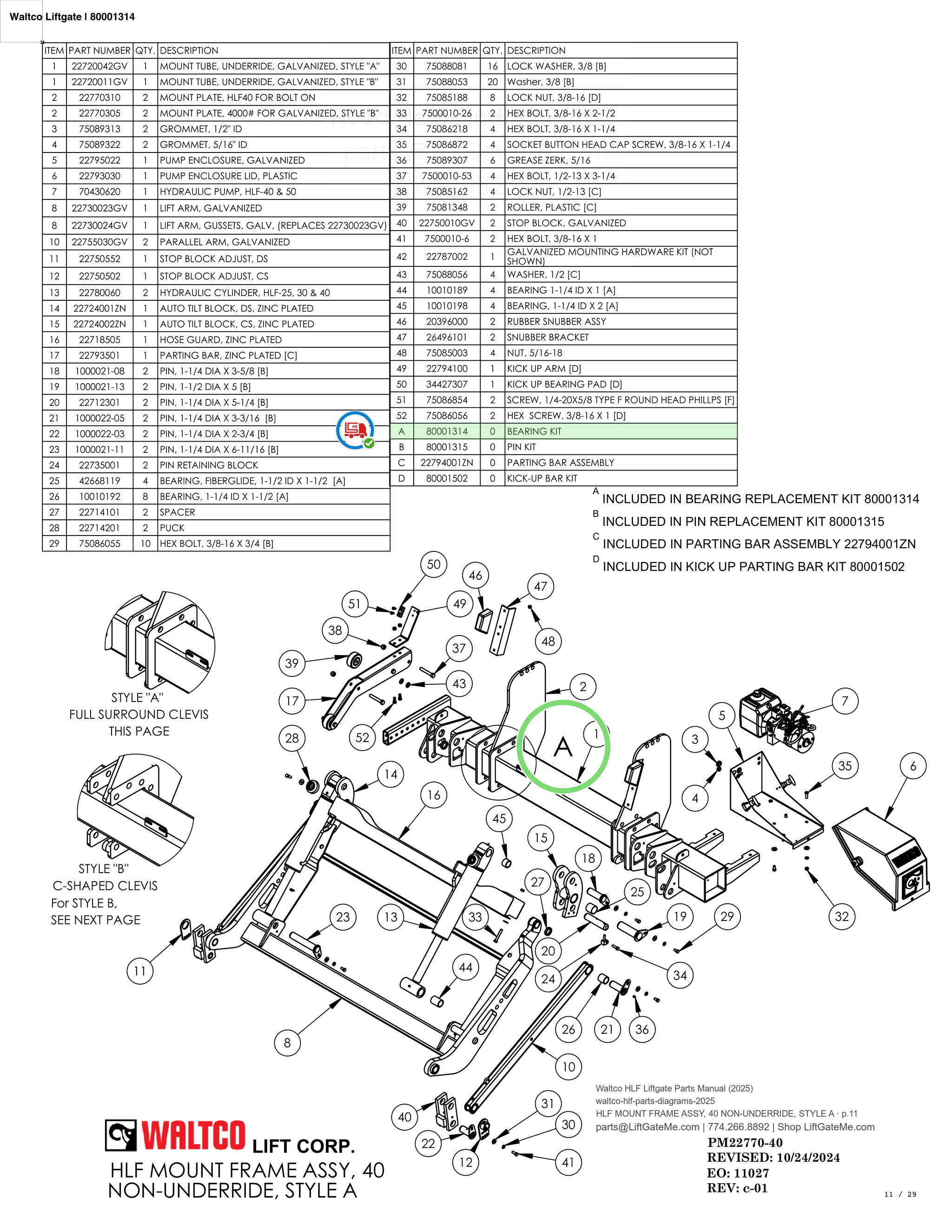 Waltco Liftgate | 80001314 — HLF MOUNT FRAME ASSY, 40 NON-UNDERRIDE, STYLE A · p.11 (Waltco HLF Parts Manual)