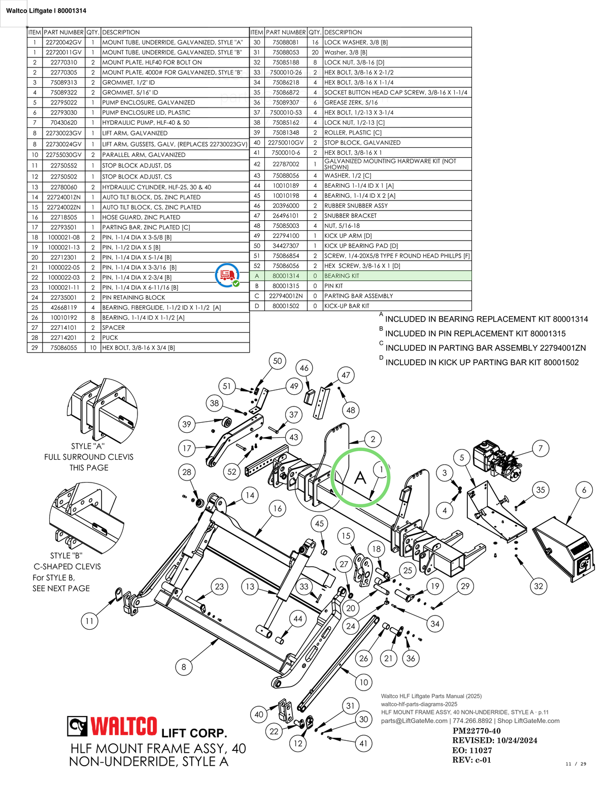 Waltco Liftgate | 80001314 — HLF MOUNT FRAME ASSY, 40 NON-UNDERRIDE, STYLE A · p.11 (Waltco HLF Parts Manual)