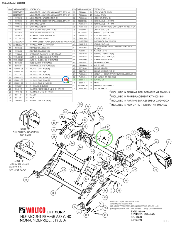 Waltco Liftgate | 80001314 — HLF MOUNT FRAME ASSY, 40 NON-UNDERRIDE, STYLE A · p.11 (Waltco HLF Parts Manual)