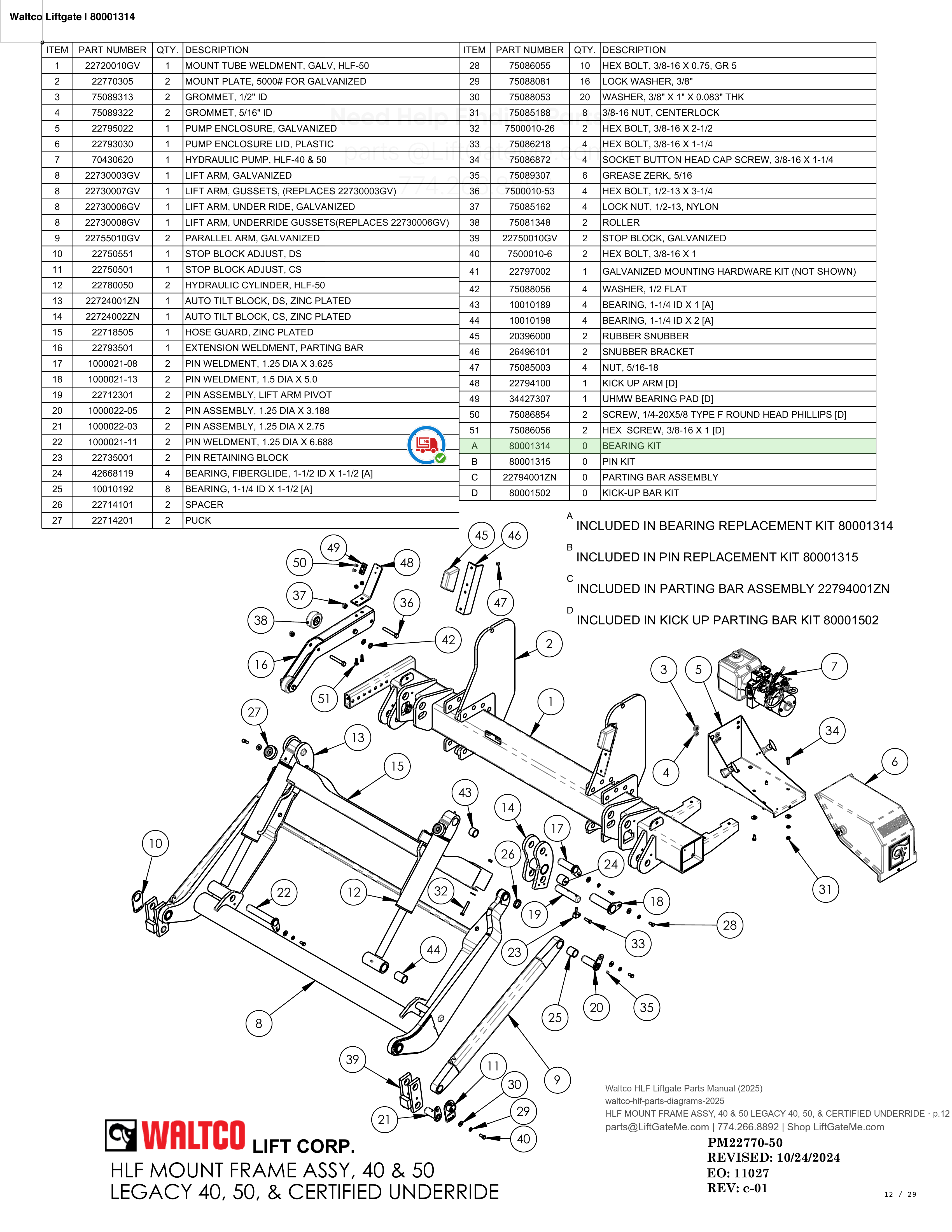 Waltco Liftgate | 80001314 — HLF MOUNT FRAME ASSY, 40 & 50 LEGACY 40, 50, & CERTIFIED UNDERRIDE · p.12 (Waltco HLF Parts Manual)
