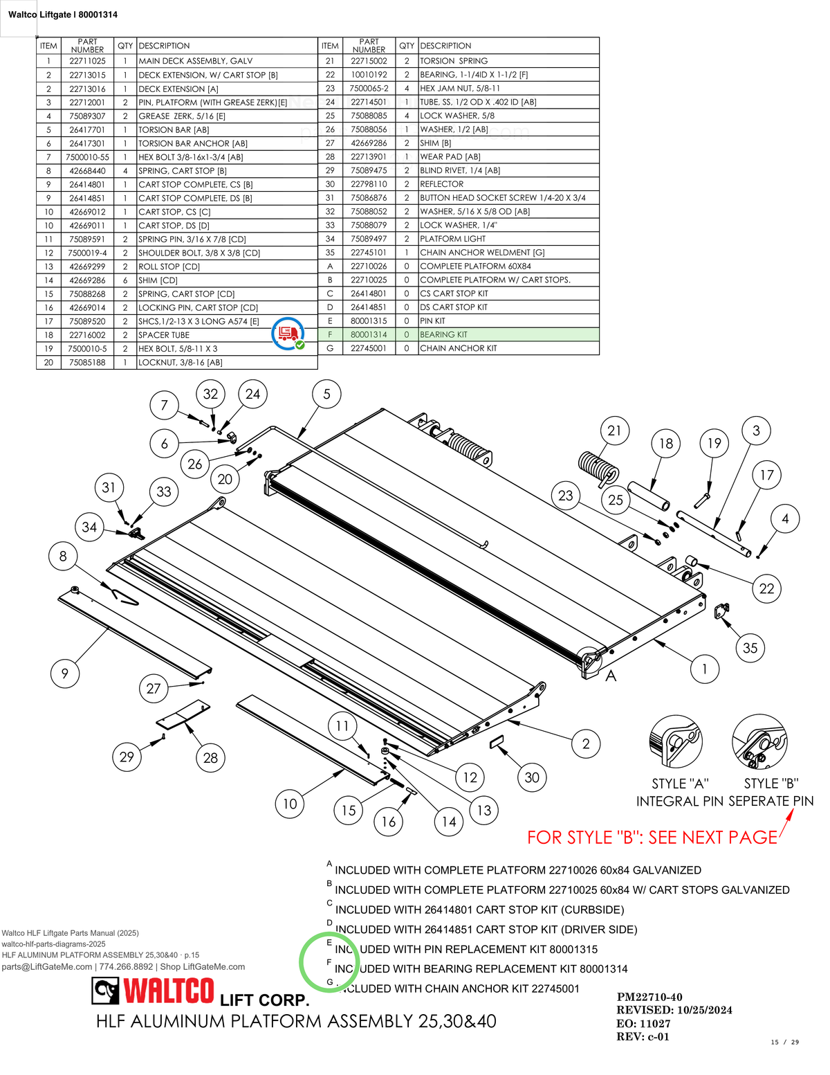 Waltco Liftgate | 80001314 — HLF ALUMINUM PLATFORM ASSEMBLY 25,30&40 · p.15 (Waltco HLF Parts Manual)