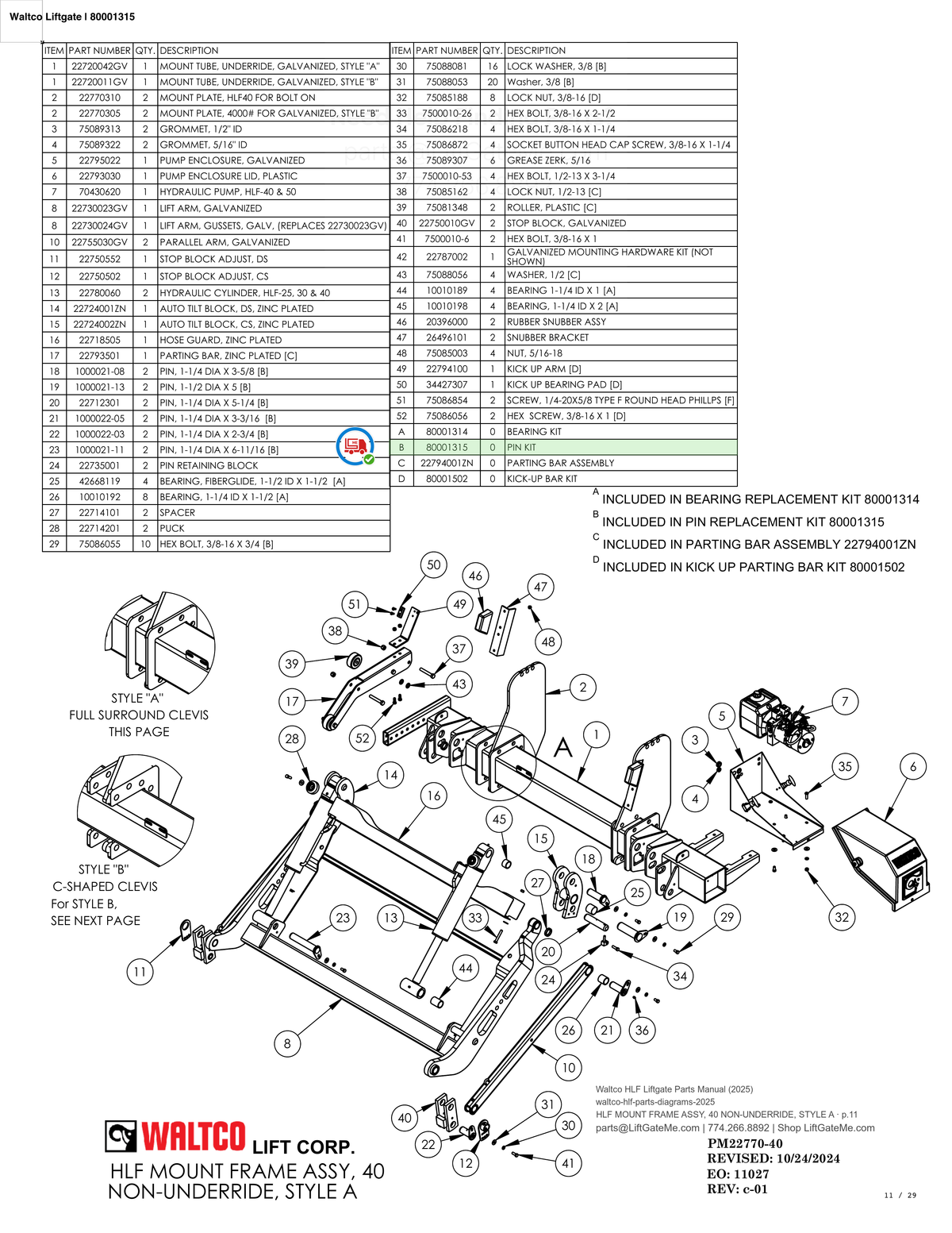 Waltco Liftgate | 80001315 — HLF MOUNT FRAME ASSY, 40 NON-UNDERRIDE, STYLE A · p.11 (Waltco HLF Parts Manual)