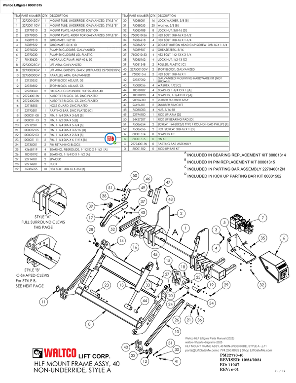 Waltco Liftgate | 80001315 — HLF MOUNT FRAME ASSY, 40 NON-UNDERRIDE, STYLE A · p.11 (Waltco HLF Parts Manual)