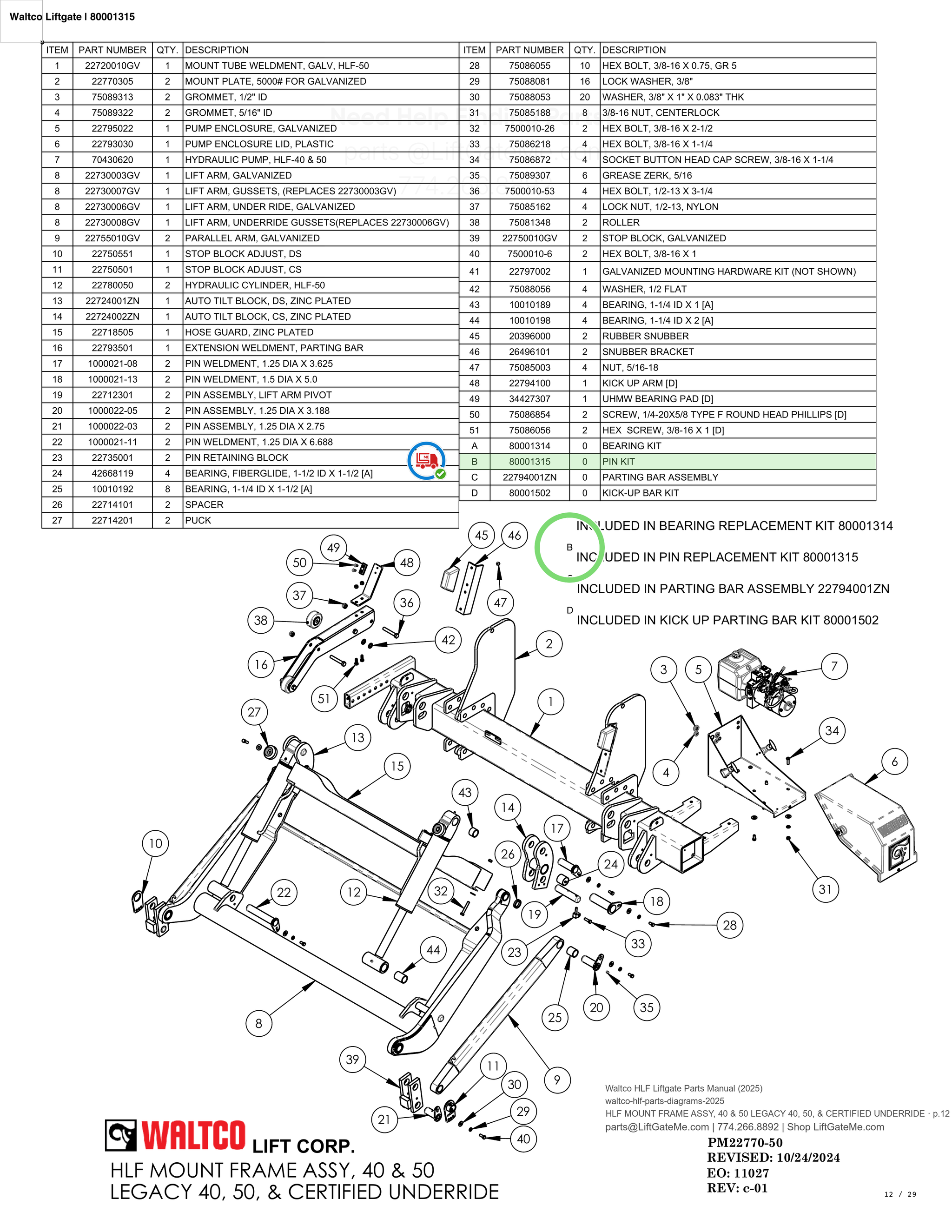 Waltco Liftgate | 80001315 — HLF MOUNT FRAME ASSY, 40 & 50 LEGACY 40, 50, & CERTIFIED UNDERRIDE · p.12 (Waltco HLF Parts Manual)