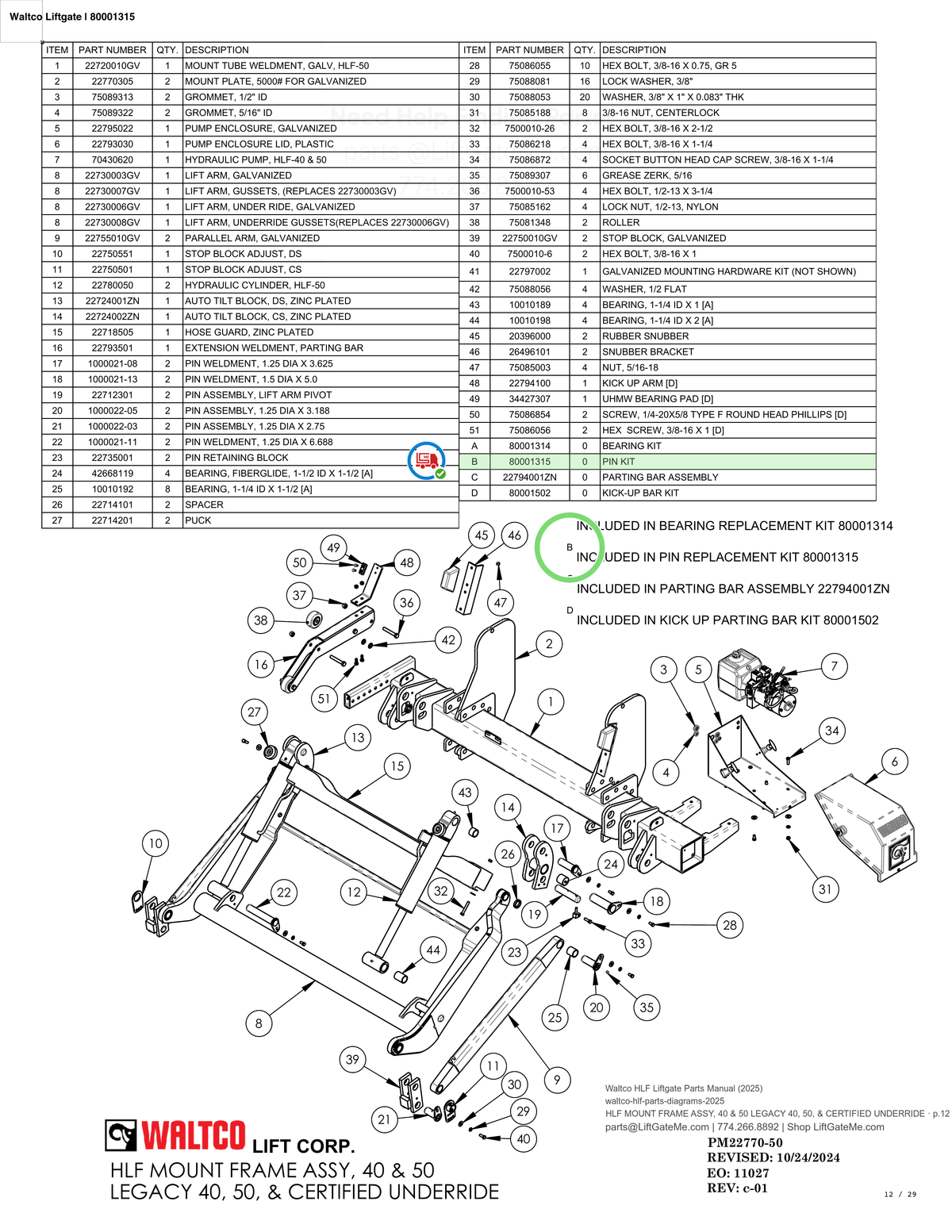 Waltco Liftgate | 80001315 — HLF MOUNT FRAME ASSY, 40 & 50 LEGACY 40, 50, & CERTIFIED UNDERRIDE · p.12 (Waltco HLF Parts Manual)