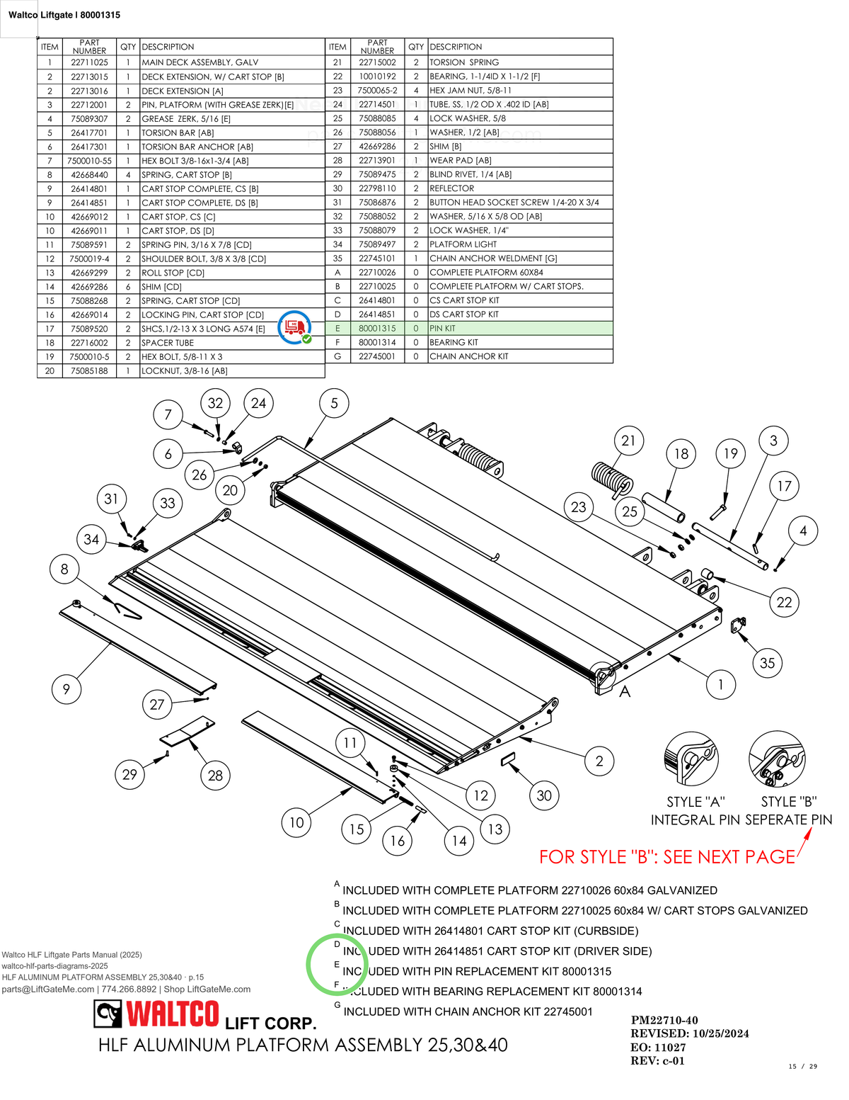 Waltco Liftgate | 80001315 — HLF ALUMINUM PLATFORM ASSEMBLY 25,30&40 · p.15 (Waltco HLF Parts Manual)