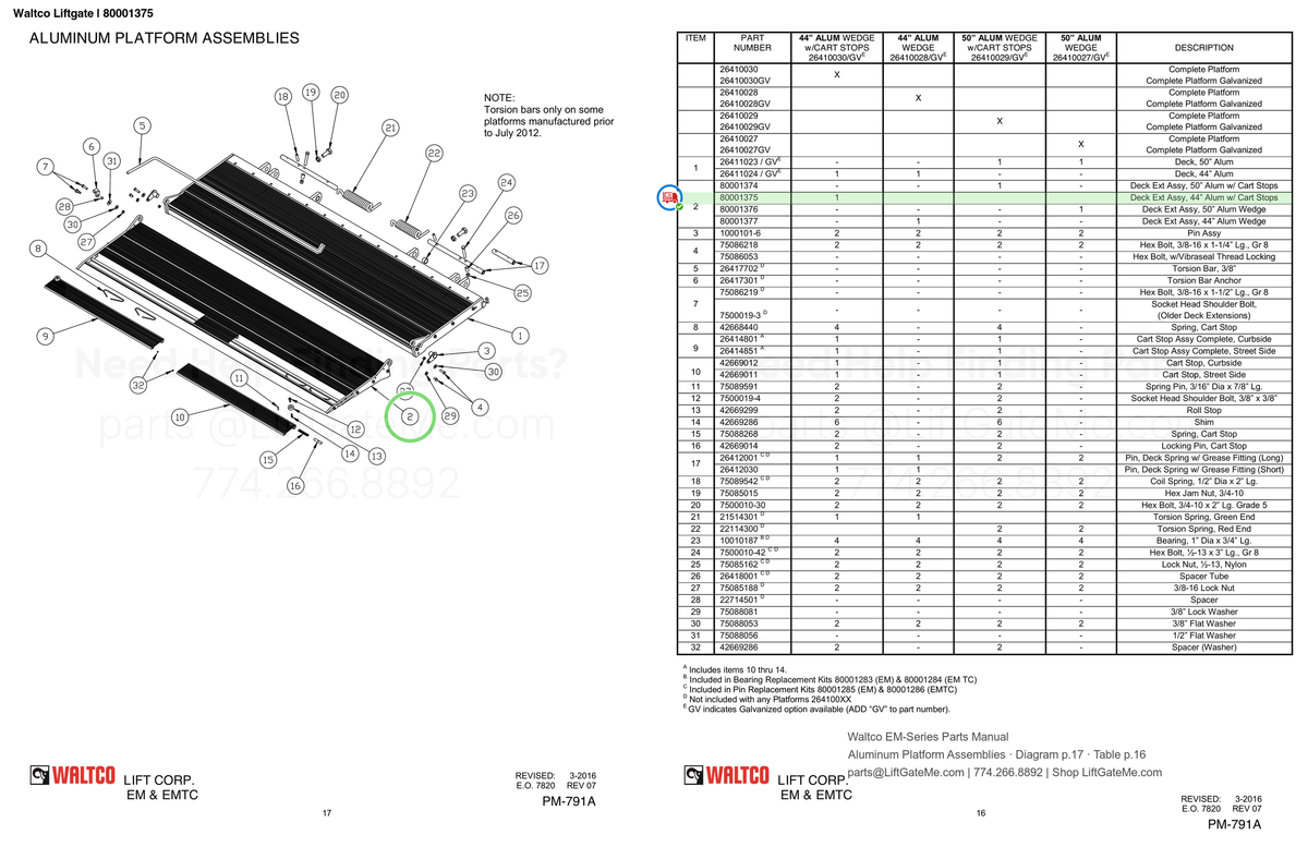 Waltco Liftgate | 80001375 — Aluminum Platform Assemblies · Diagram p.17 · Table p.16 (Waltco EM-Series Parts Manual)